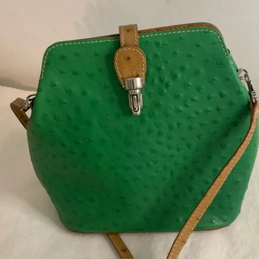 Genuine Italian OSTRITCH Embossed Leather Crossbody Bag Womens Green Purse - Picture 10 of 13
